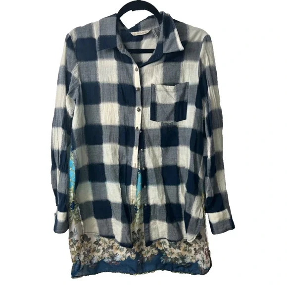 Soft Surroundings Size M Mixed Media Plaid Embroidered Floral Tunic Top LS D4 - Picture 1 of 7